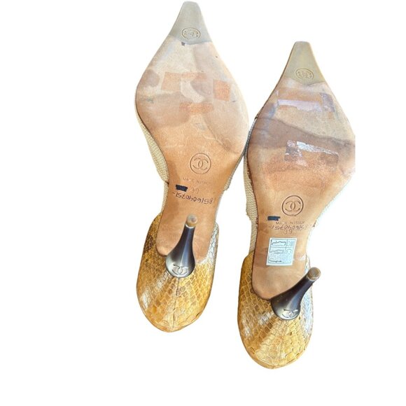 Chanel Womens DOrsay Pointed Toe Pumps Yellow/Beige Snake Print Leather Canvas H - Picture 9 of 9